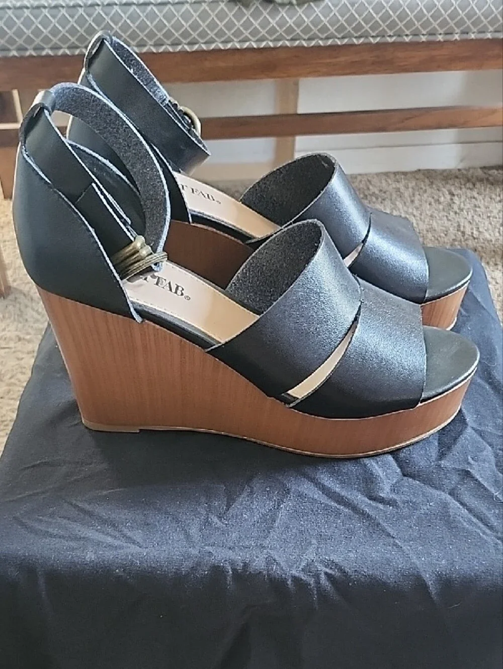 JustFab Black Platform Ankle-Strap Sandals with Wood-Tone Platform